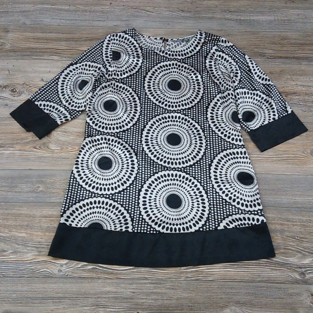 Boho Chic Black & White Silky Retro Tunic Blouse Dressy Patterned Top